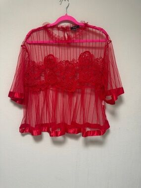 Sheer Red Lace Appliqué Women's Top